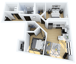 3 dimensional floor plan of a modern 2 bedroom apartment